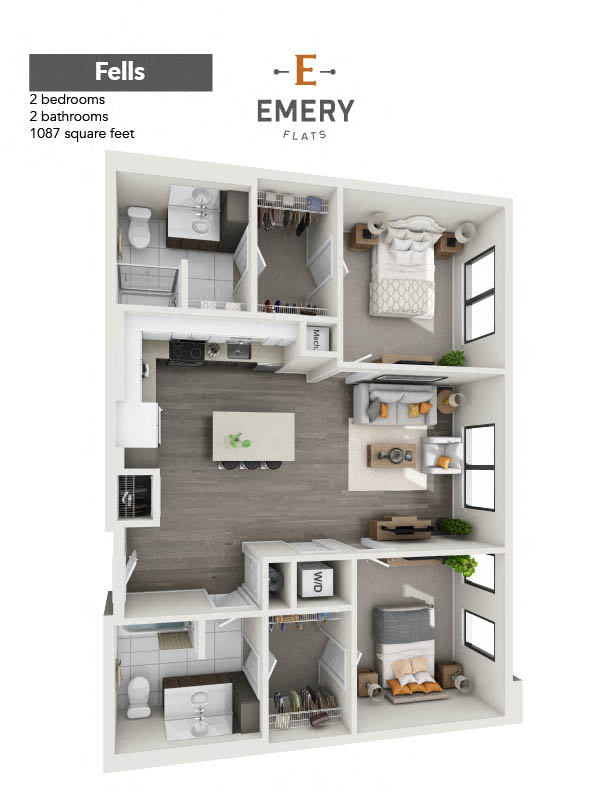 Floor plan for 2 beds, 2 baths, 1087 sqft